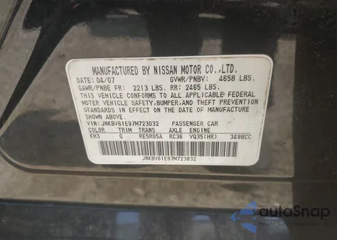 2007 Infiniti G35 Journey from USA, damaged, VIN JNKBV61E97M723032